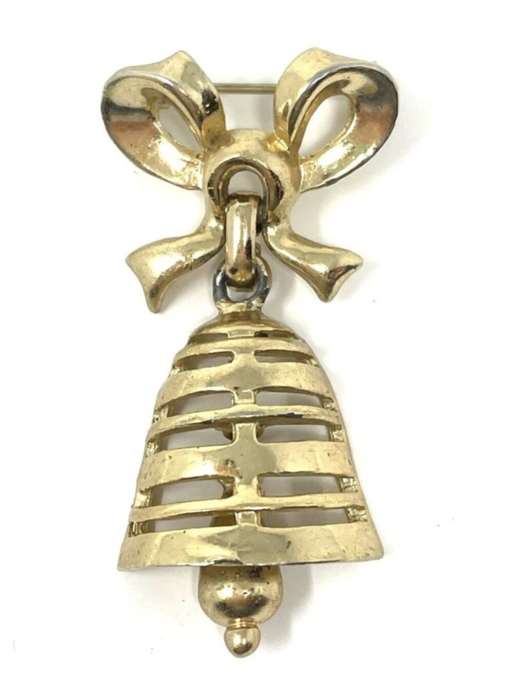 Vintage Gold Tone Bow with Moving Bell and Clapper Christmas Articulated Brooch
